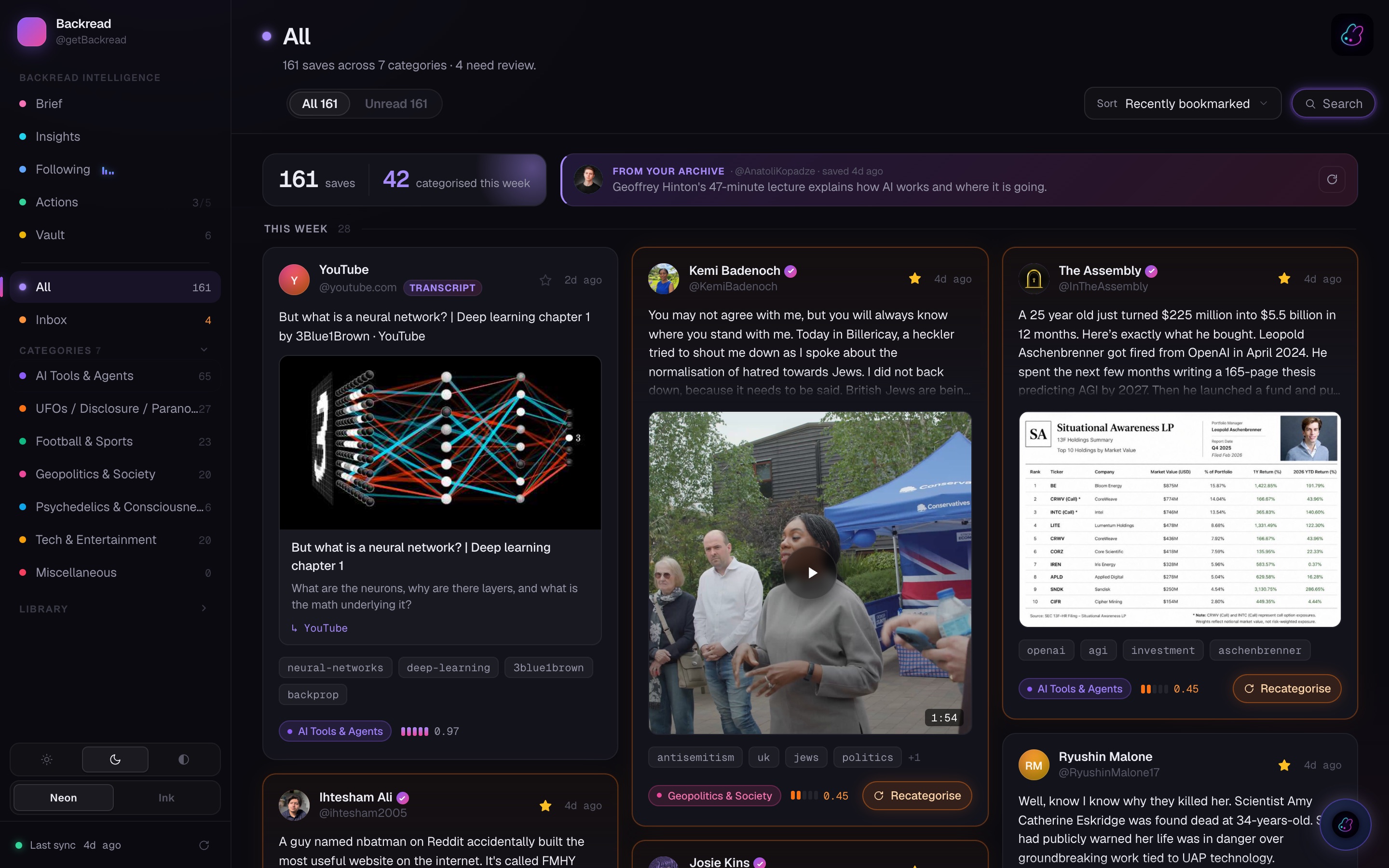 The Backread wall — every save organised into your niches