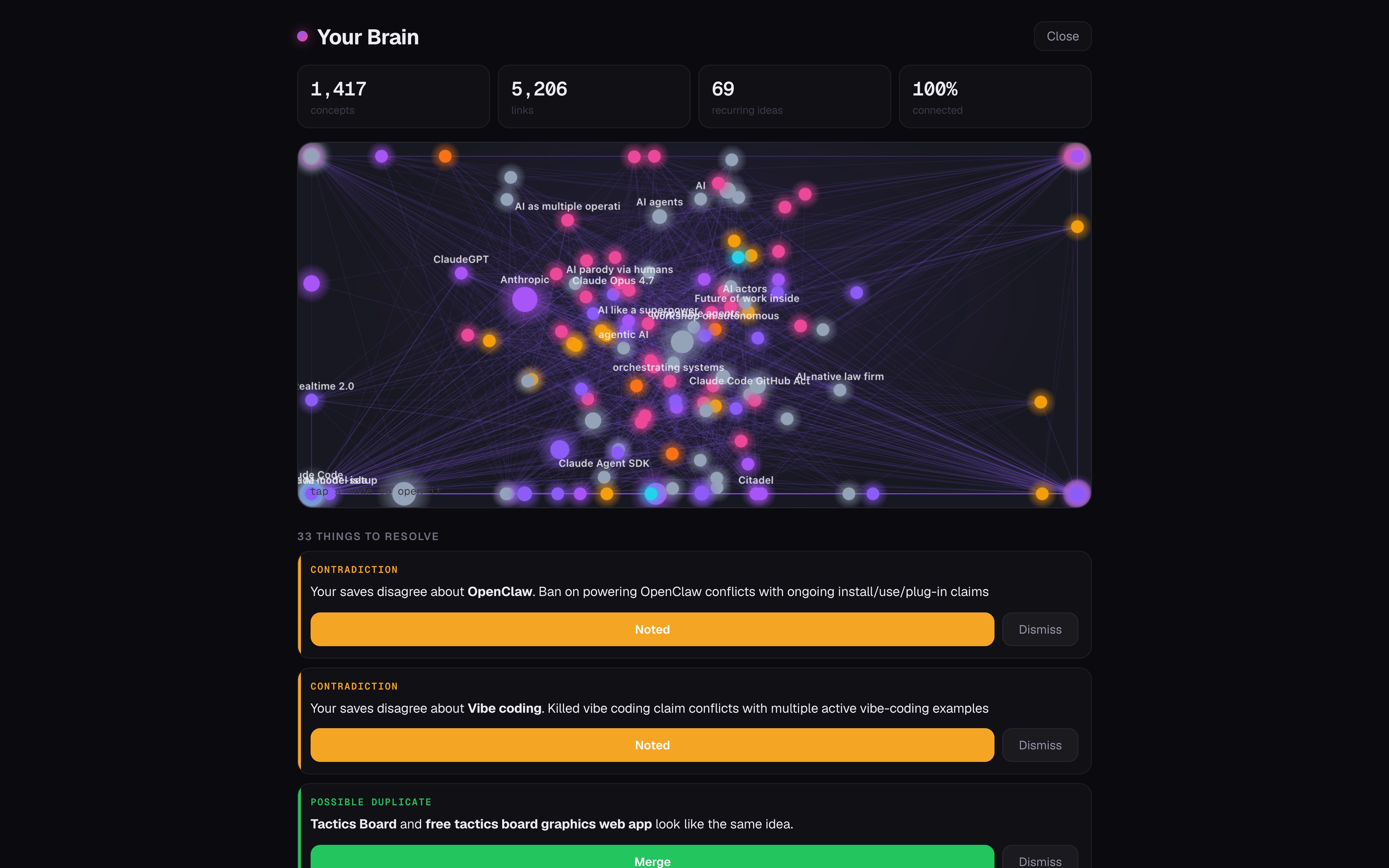 The Second Brain — a living concept graph built from real saves, with the self-heal tray below