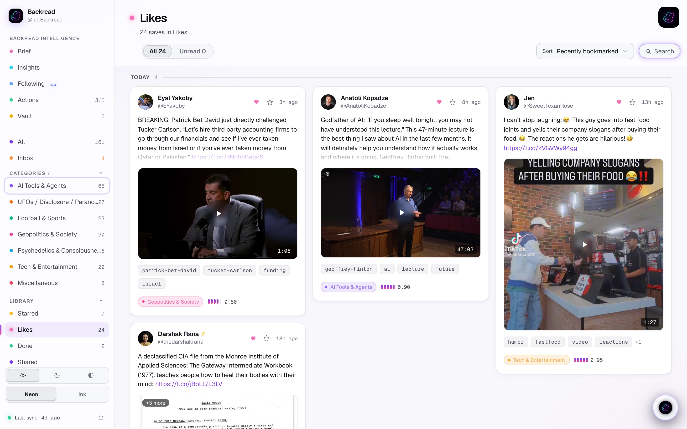 The Likes view — everything you ever liked, filed into your niches