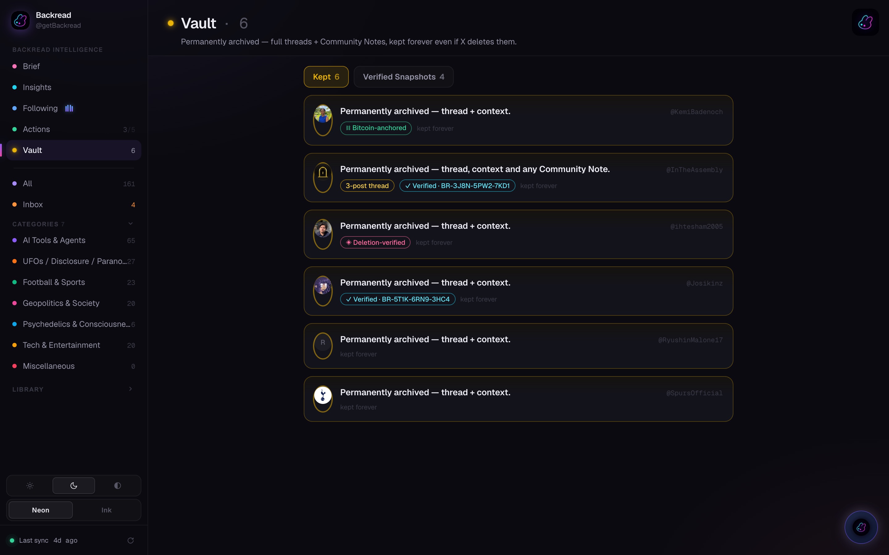 The Vault — verified snapshots kept forever